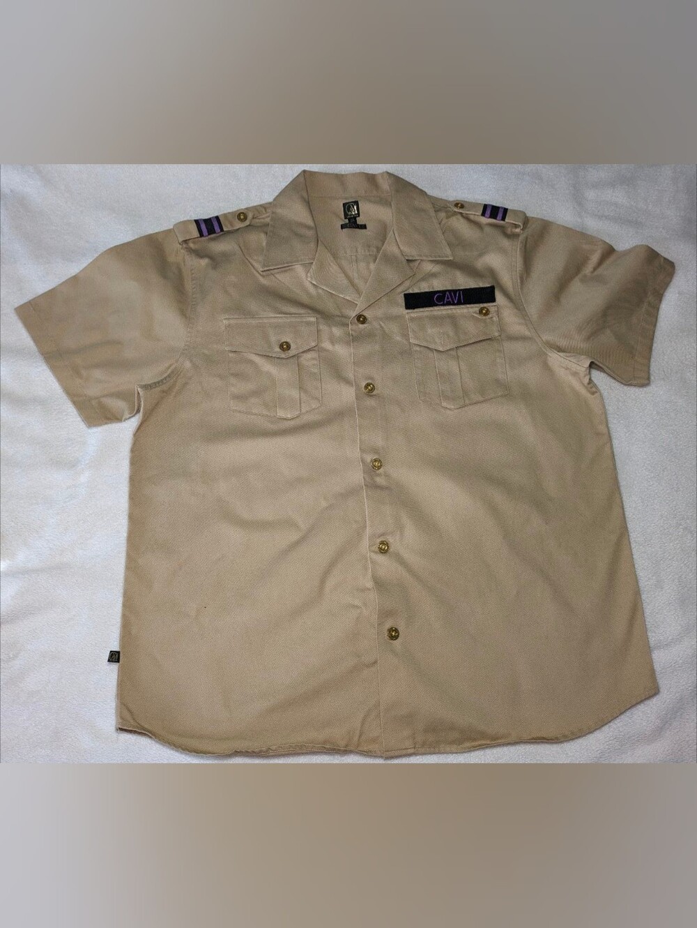 Cavi Men's Size 2XL Khaki Military Safari Shirt Short Sleeve Purple Trim